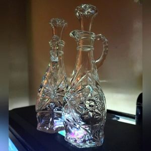 Set of 2 Vintage Pressed Glass Oil Vinegar Cruet with Stopper Star of David